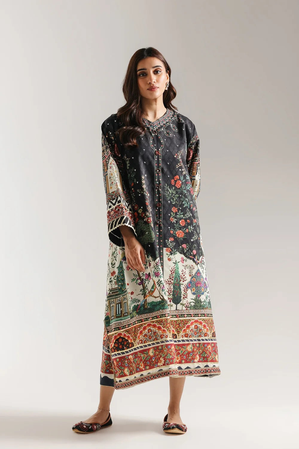 Ethnic Printed Grip Silk Kaftan 2Pcs Shirt Trouser Unsticthed 001981