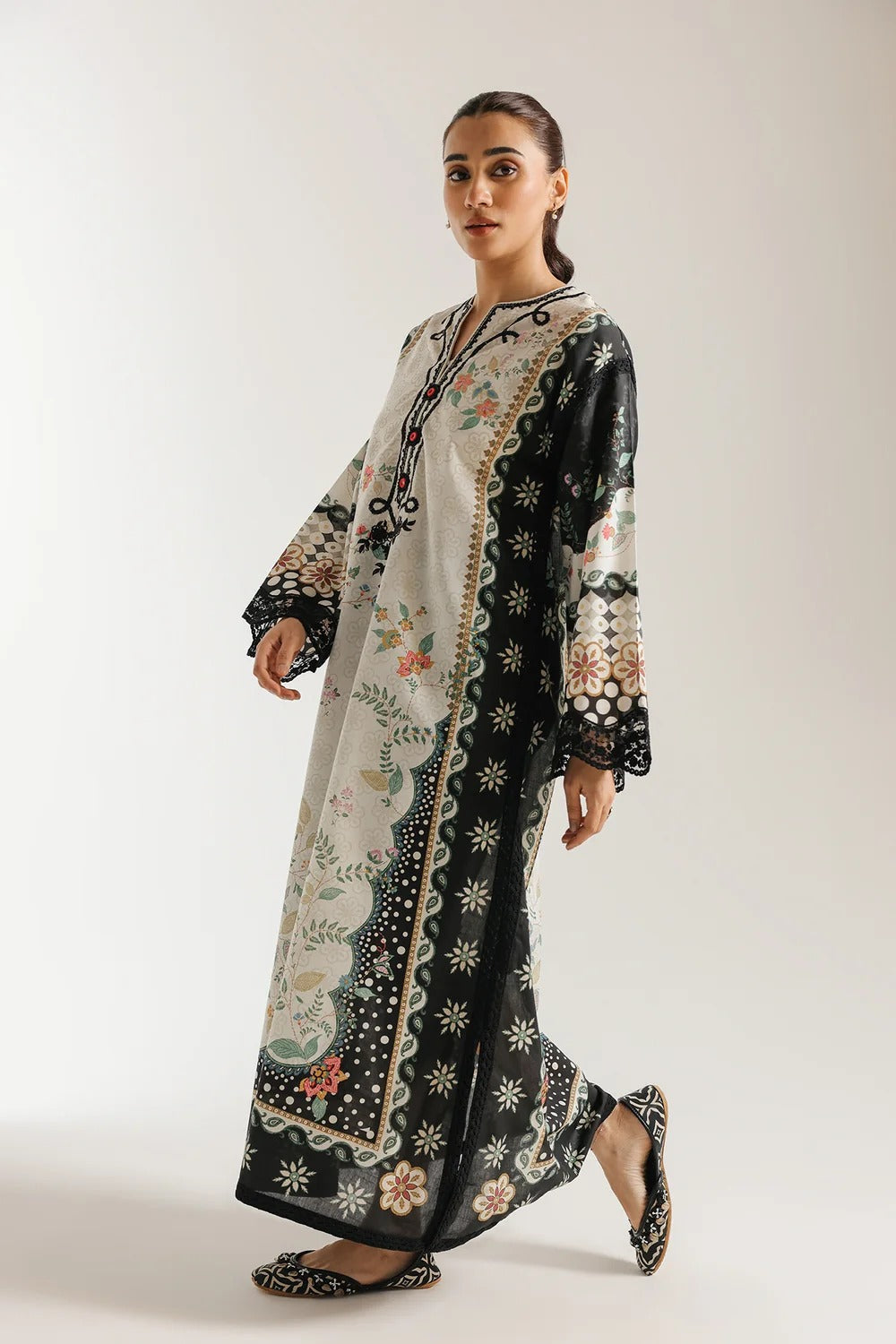 Ethnic Printed Grip Silk Kaftan 2Pcs Shirt Trouser Unsticthed 001980