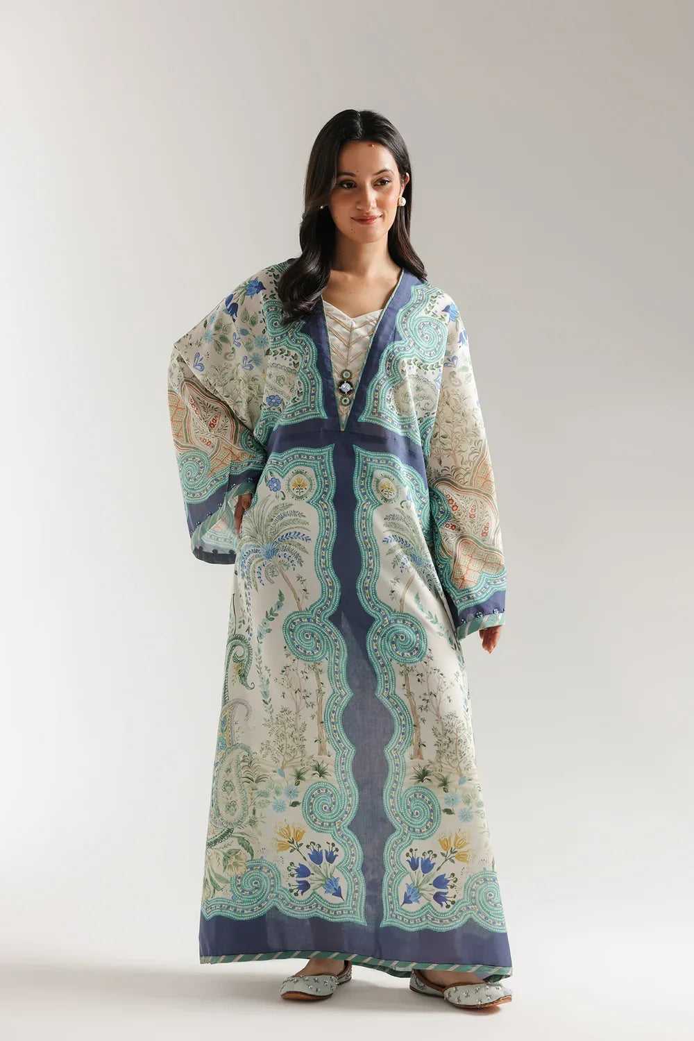 Ethnic Printed  Grip Silk Kaftan 2Pcs Shirt Trouser Unsticthed COCONUT MILK 001944