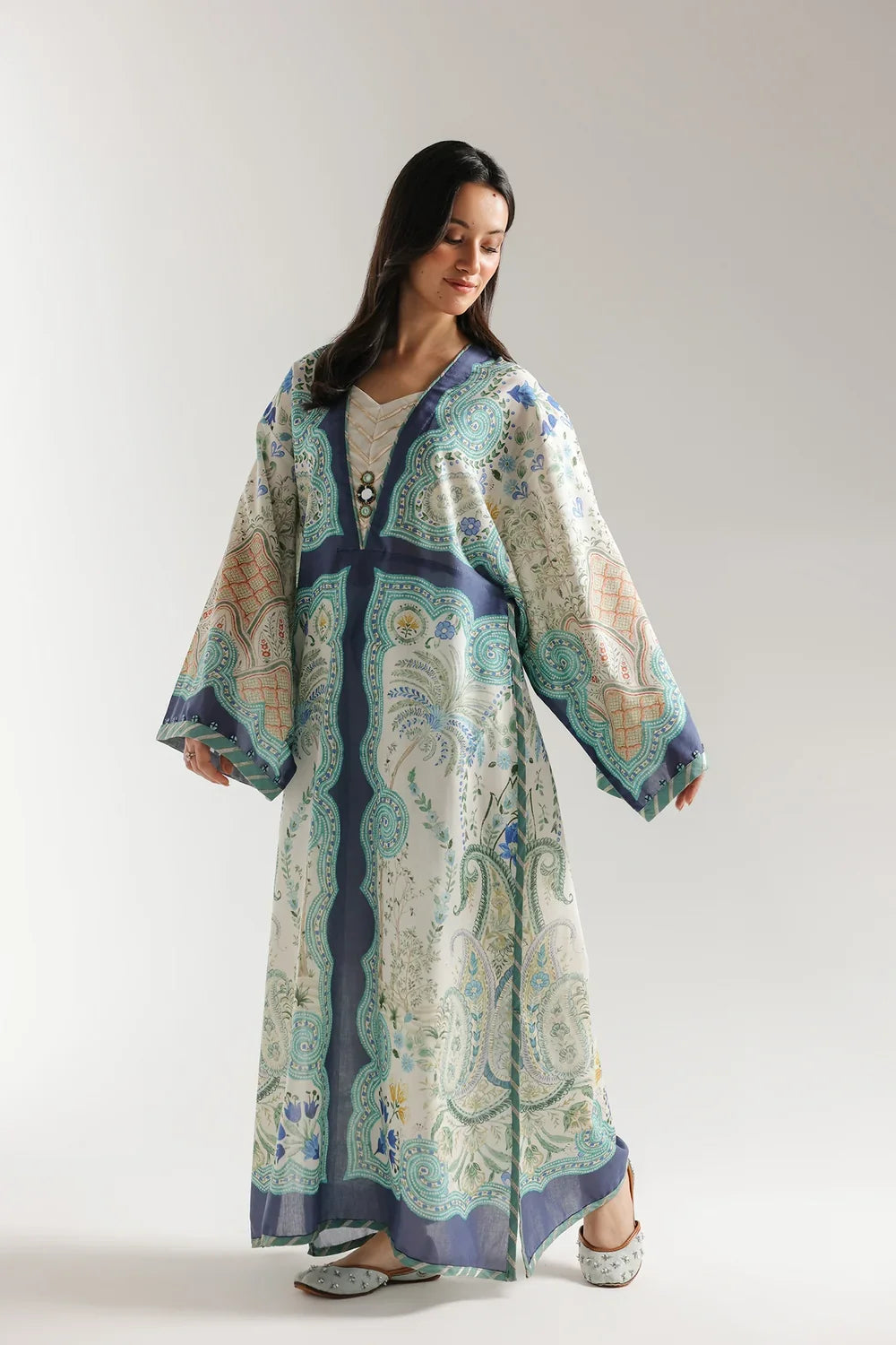 Ethnic Printed  Grip Silk Kaftan 2Pcs Shirt Trouser Unsticthed COCONUT MILK 001944