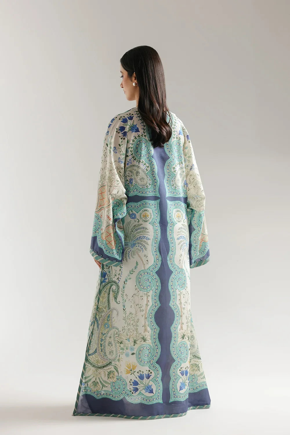 Ethnic Printed  Grip Silk Kaftan 2Pcs Shirt Trouser Unsticthed COCONUT MILK 001944