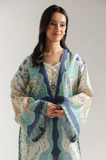 Ethnic Printed  Grip Silk Kaftan 2Pcs Shirt Trouser Unsticthed COCONUT MILK 001944