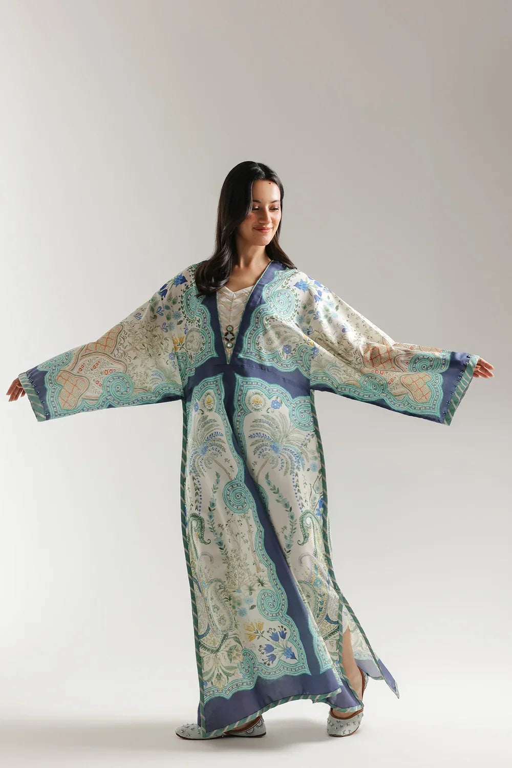 Ethnic Printed  Grip Silk Kaftan 2Pcs Shirt Trouser Unsticthed COCONUT MILK 001944
