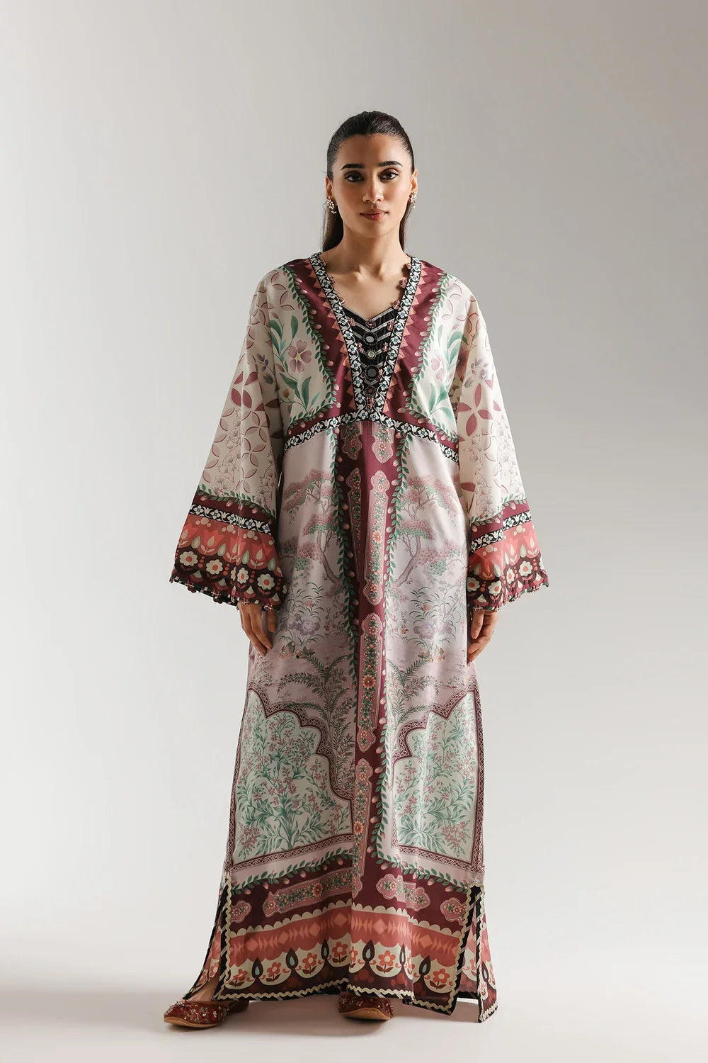 Ethnic Printed Shamos Silk Kaftan 2Pcs Shirt Trouser Unsticthed MUSHROOM 001943