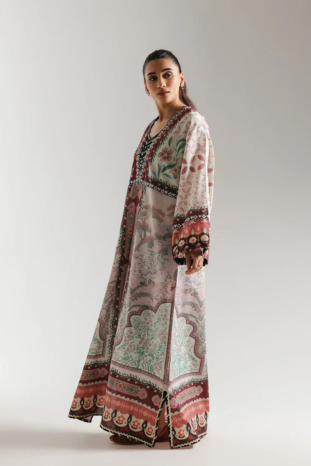 Ethnic Printed Shamos Silk Kaftan 2Pcs Shirt Trouser Unsticthed MUSHROOM 001943