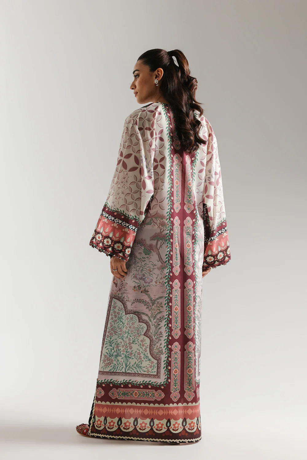 Ethnic Printed Shamos Silk Kaftan 2Pcs Shirt Trouser Unsticthed MUSHROOM 001943