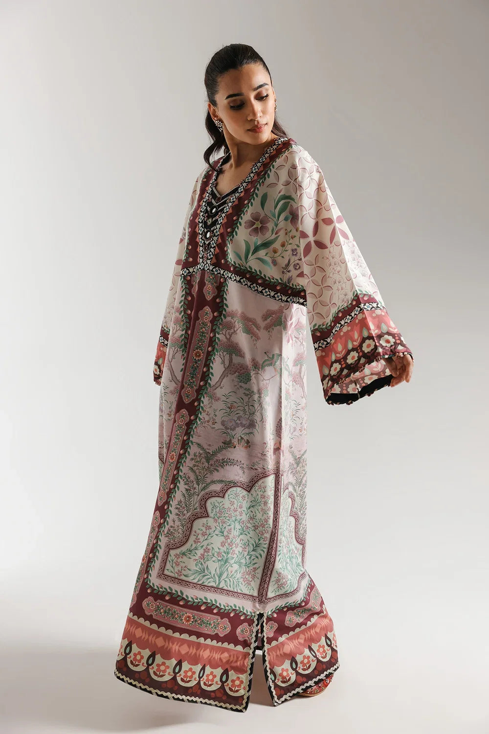 Ethnic Printed Shamos Silk Kaftan 2Pcs Shirt Trouser Unsticthed MUSHROOM 001943