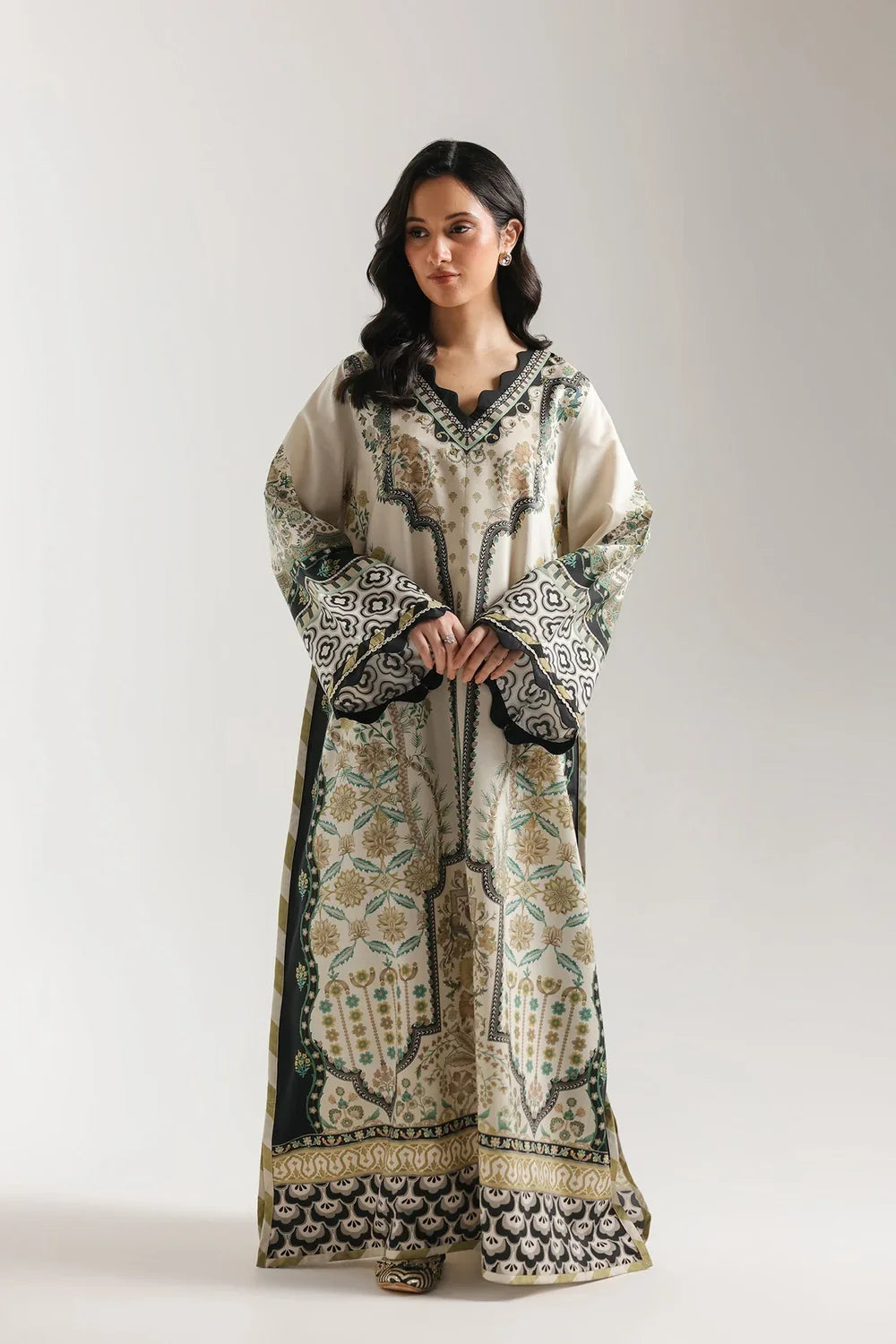 Ethnic Printed Grip Silk Kaftan 2Pcs Shirt Trouser Unsticthed COCONUT MILK 001946