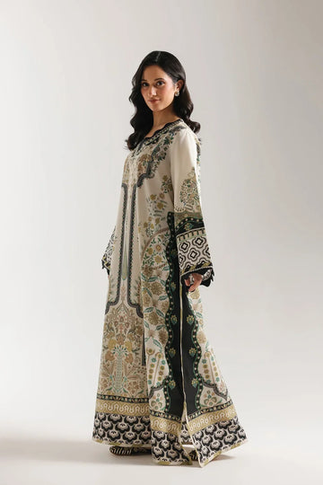 Ethnic Printed Grip Silk Kaftan 2Pcs Shirt Trouser Unsticthed COCONUT MILK 001946