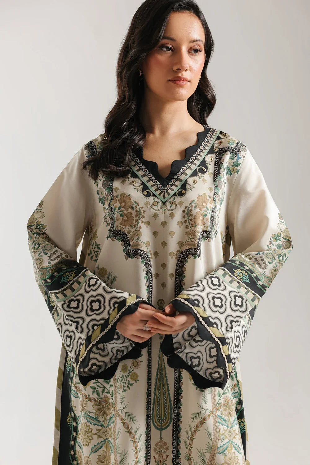 Ethnic Printed Grip Silk Kaftan 2Pcs Shirt Trouser Unsticthed COCONUT MILK 001946