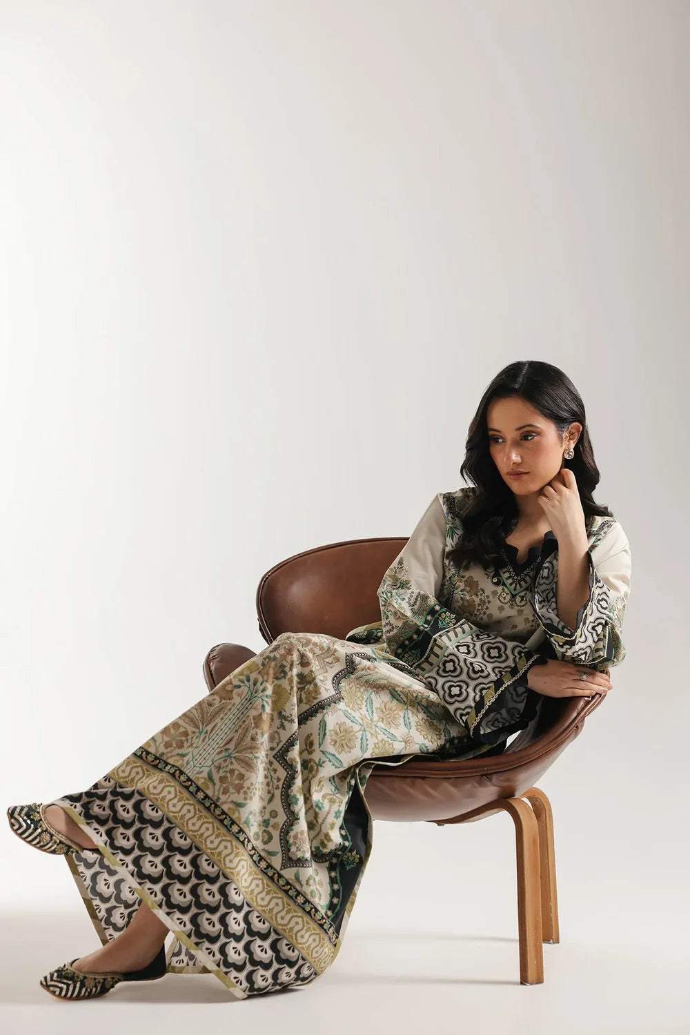 Ethnic Printed Grip Silk Kaftan 2Pcs Shirt Trouser Unsticthed COCONUT MILK 001946