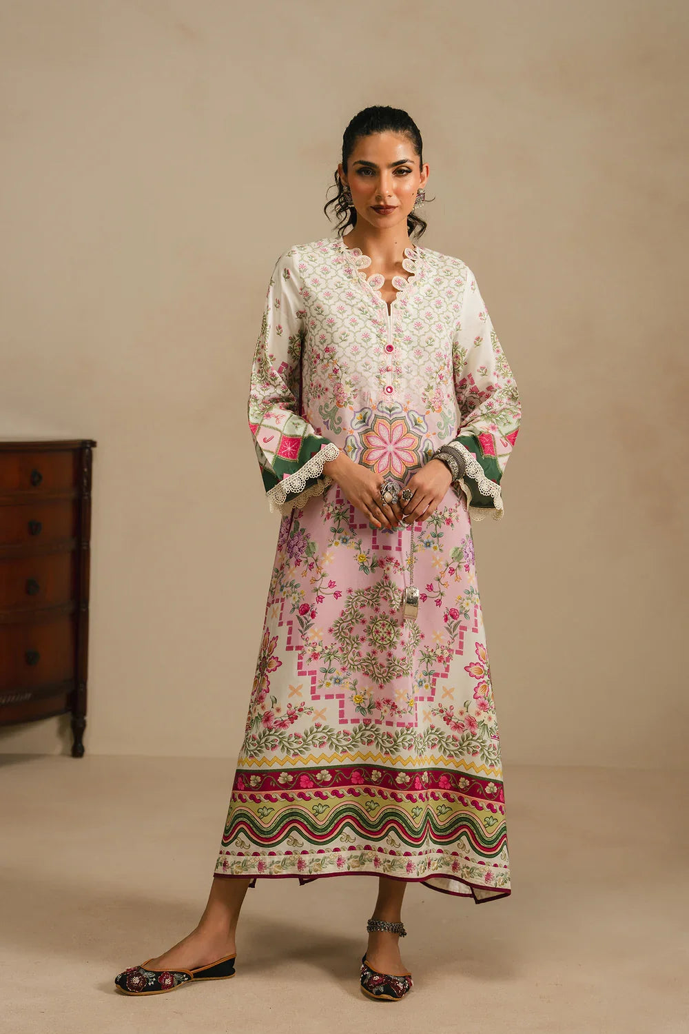 Ethnic Printed Grip Silk Kaftan 2Pcs Shirt Trouser Unsticthed VANILLA ICE 001945