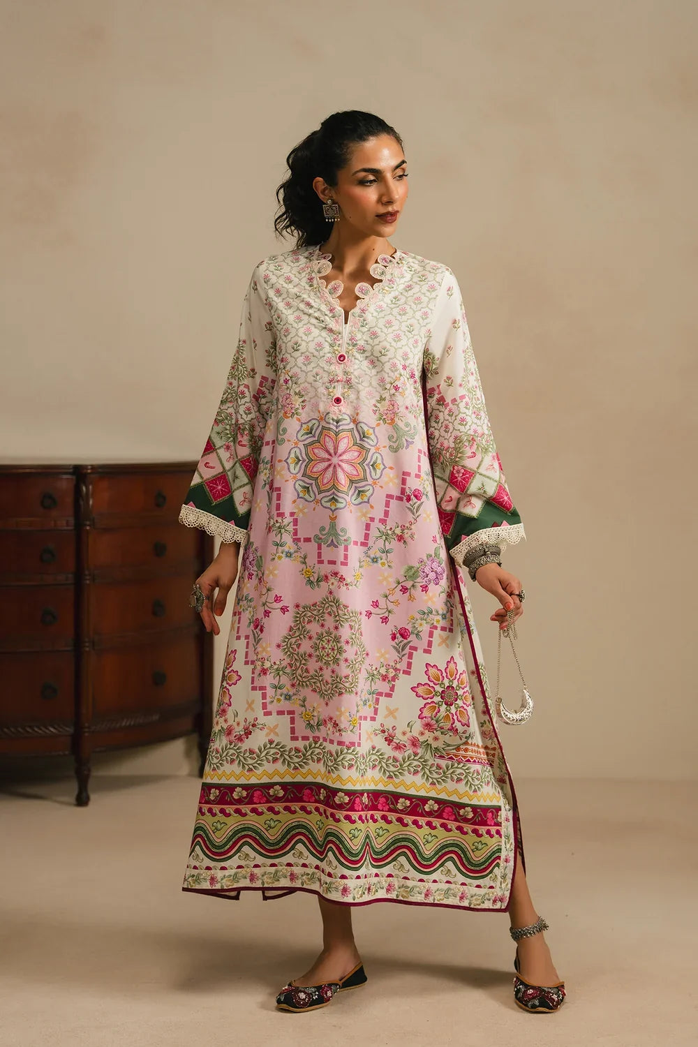 Ethnic Printed Grip Silk Kaftan 2Pcs Shirt Trouser Unsticthed VANILLA ICE 001945
