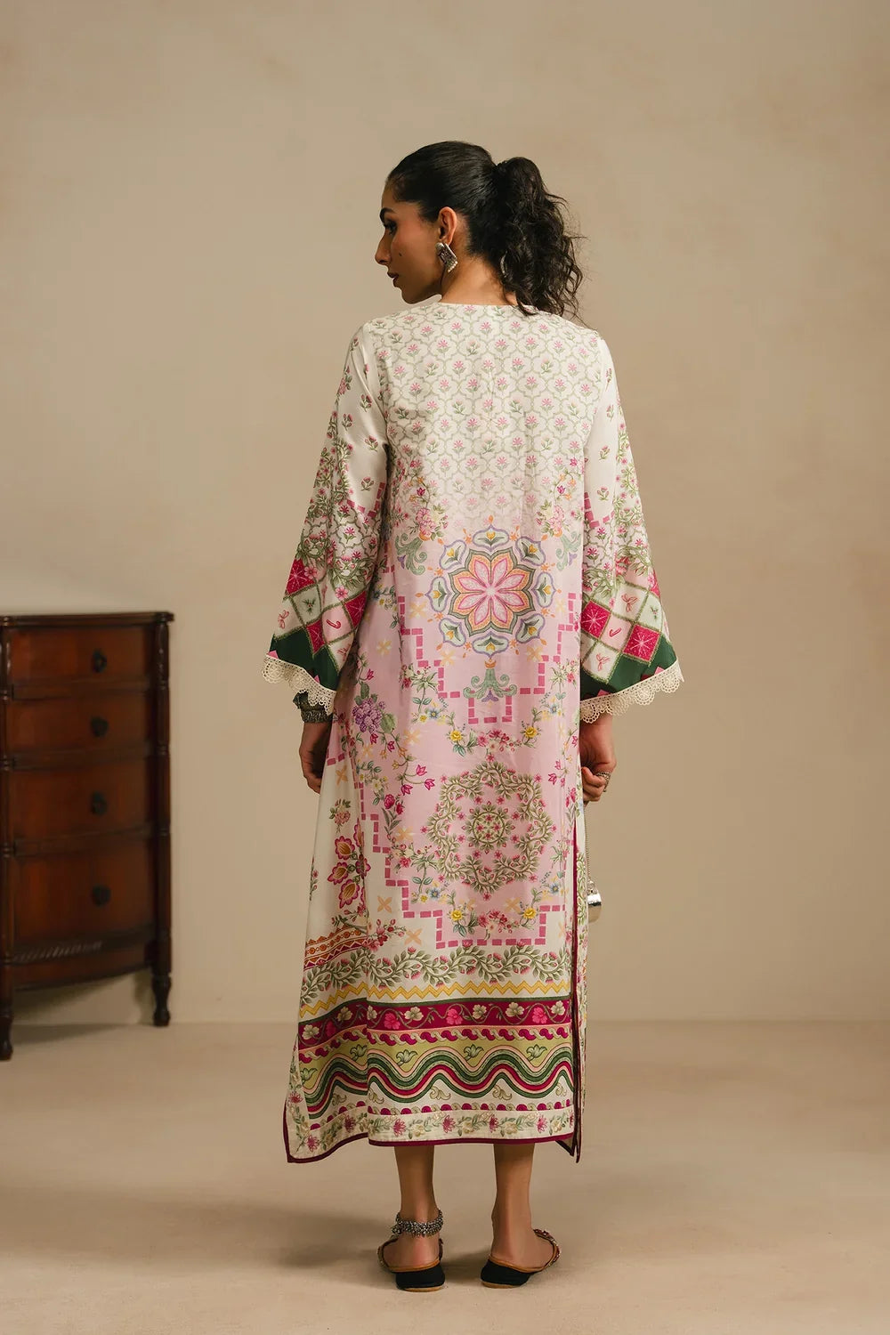 Ethnic Printed Grip Silk Kaftan 2Pcs Shirt Trouser Unsticthed VANILLA ICE 001945