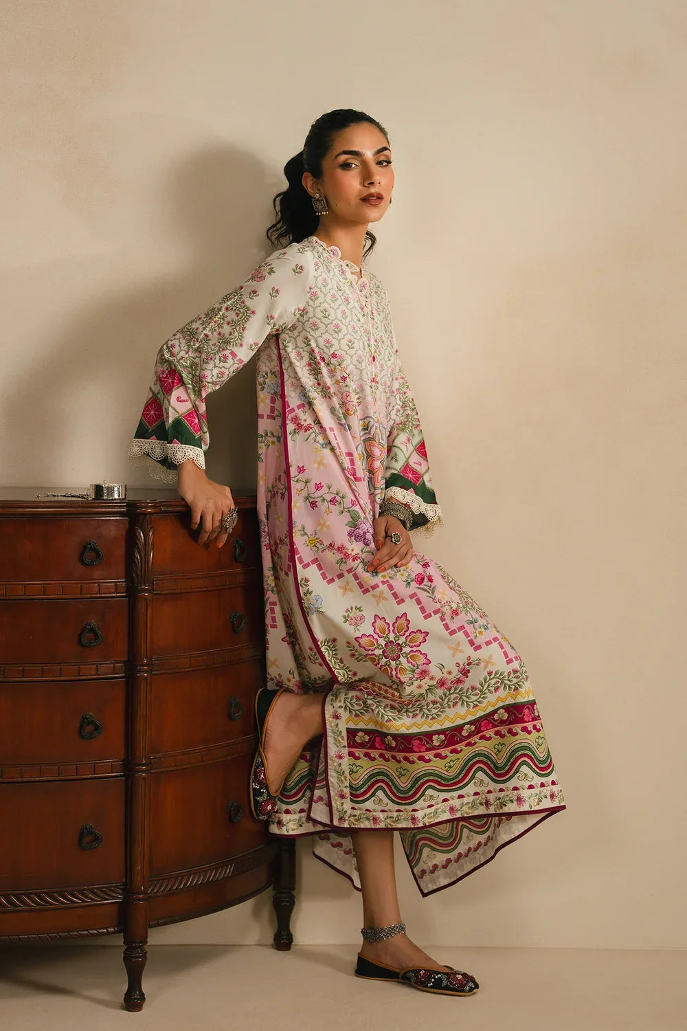 Ethnic Printed Grip Silk Kaftan 2Pcs Shirt Trouser Unsticthed VANILLA ICE 001945