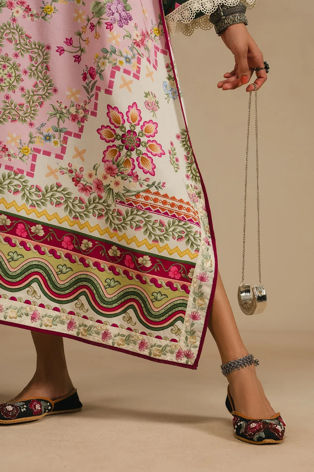 Ethnic Printed Grip Silk Kaftan 2Pcs Shirt Trouser Unsticthed VANILLA ICE 001945