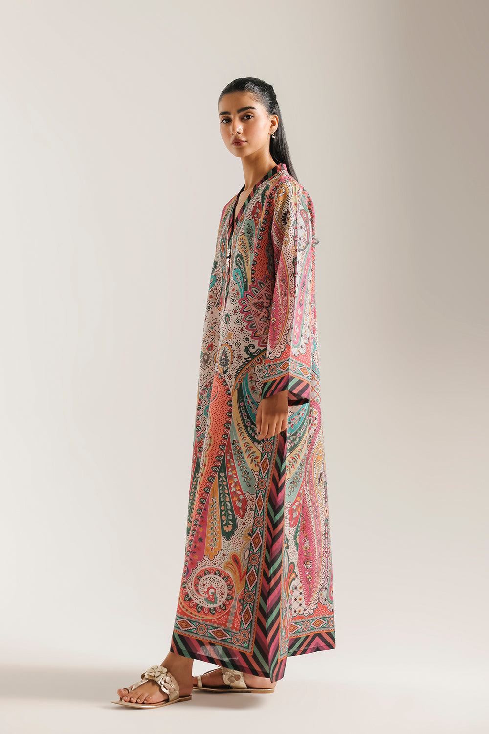 Ethnic Printed Shamos Silk Kaftan 2Pcs Shirt Trouser Unsticthed 001942