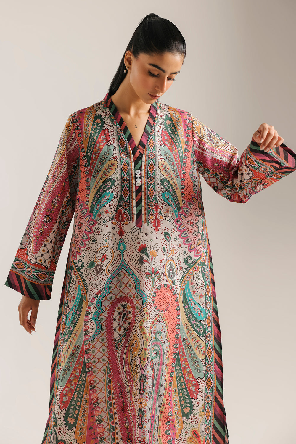 Ethnic Printed Shamos Silk Kaftan 2Pcs Shirt Trouser Unsticthed 001942
