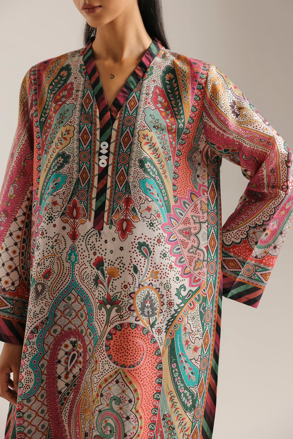 Ethnic Printed Shamos Silk Kaftan 2Pcs Shirt Trouser Unsticthed 001942