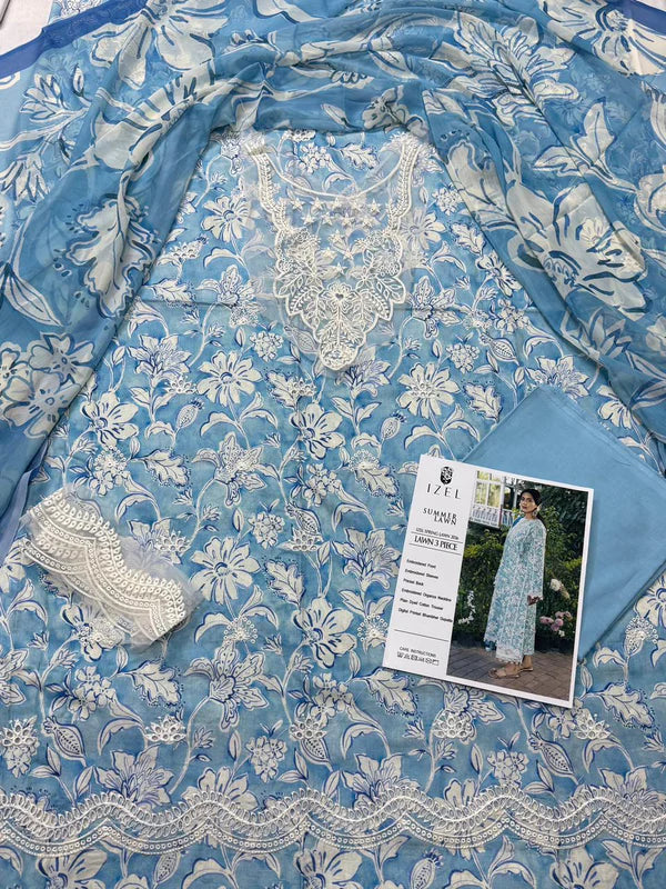 Izel – Pearl Chicken Kari Lawn 3-Piece Suit With Base Colour Trouser