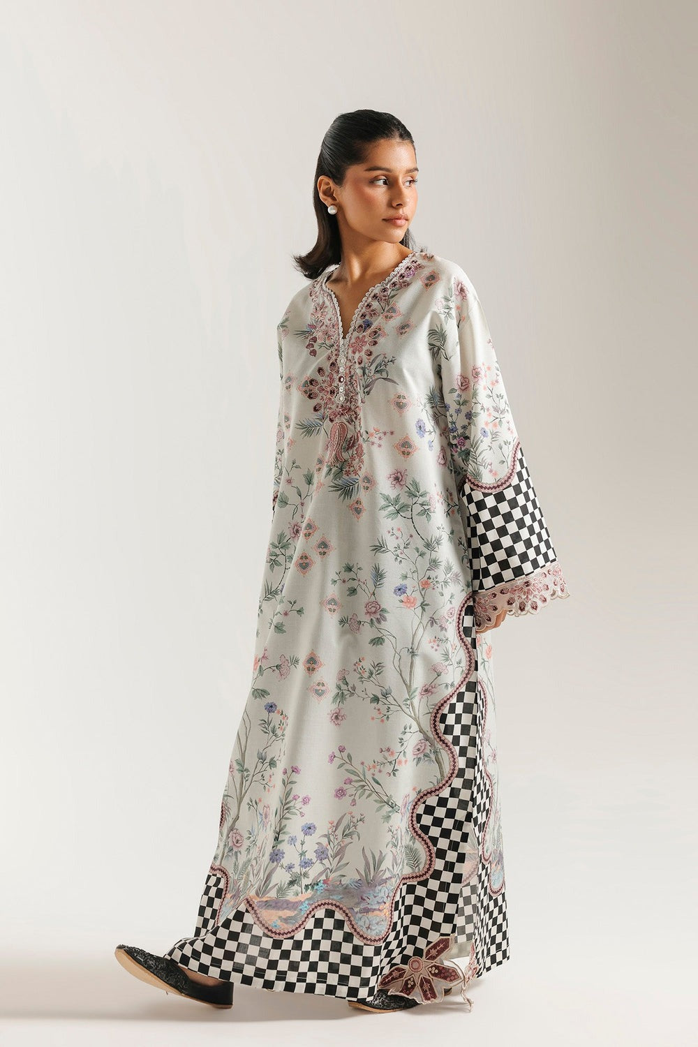 Ethnic Printed Grip Silk Kaftan 2Pcs Shirt Trouser Unsticthed 001977