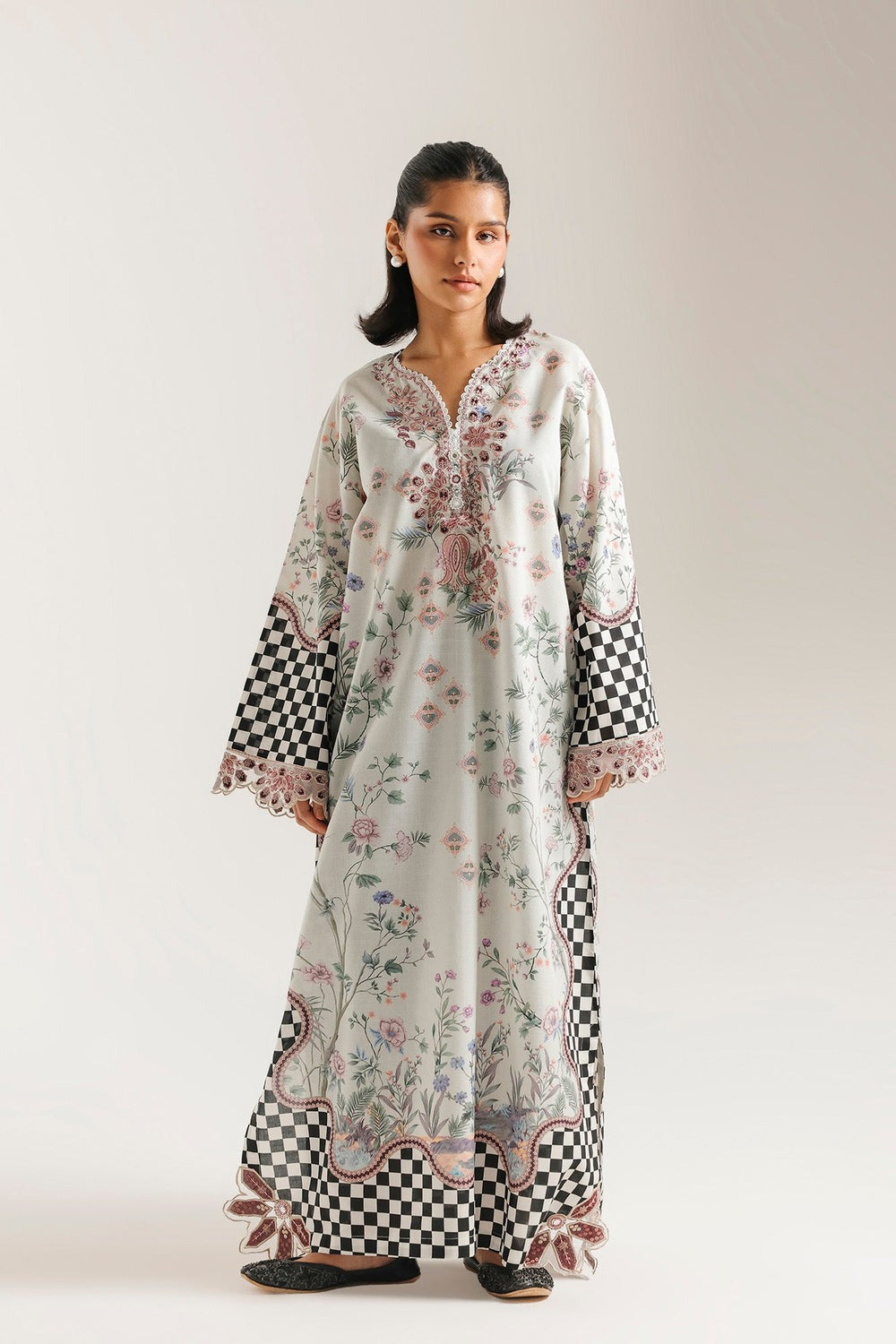 Ethnic Printed Grip Silk Kaftan 2Pcs Shirt Trouser Unsticthed 001977