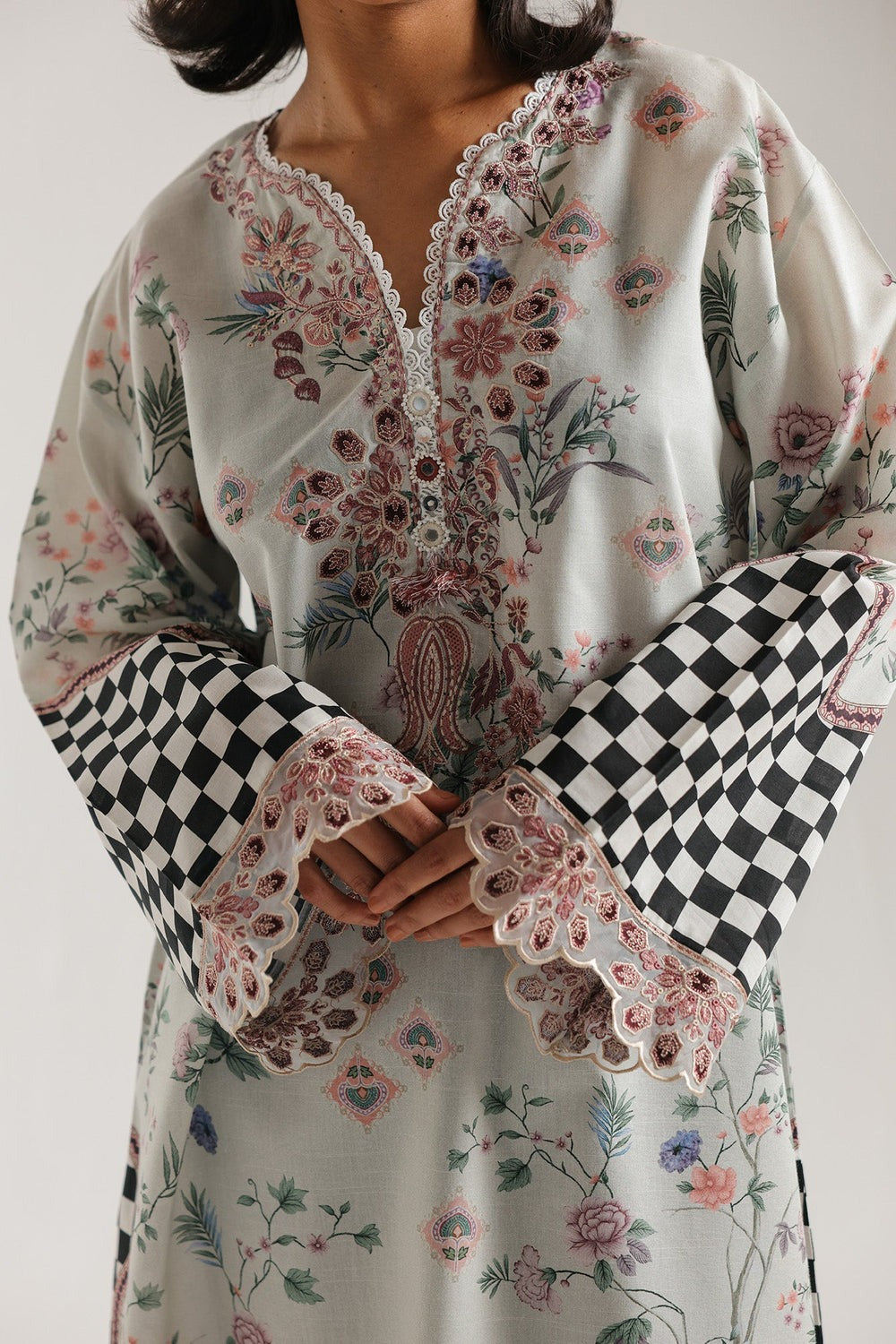 Ethnic Printed Grip Silk Kaftan 2Pcs Shirt Trouser Unsticthed 001977