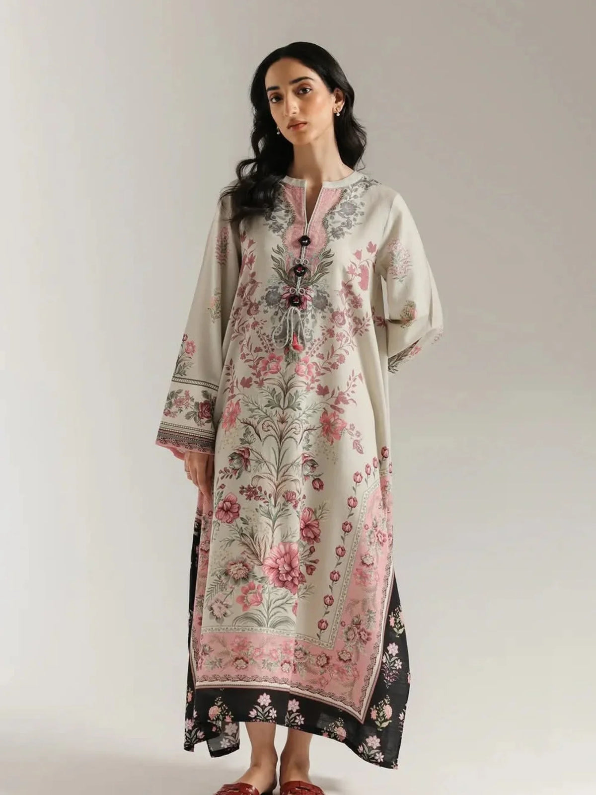 Ethnic Printed Grip Silk Kaftan 2Pcs Shirt Trouser Unsticthed 001978