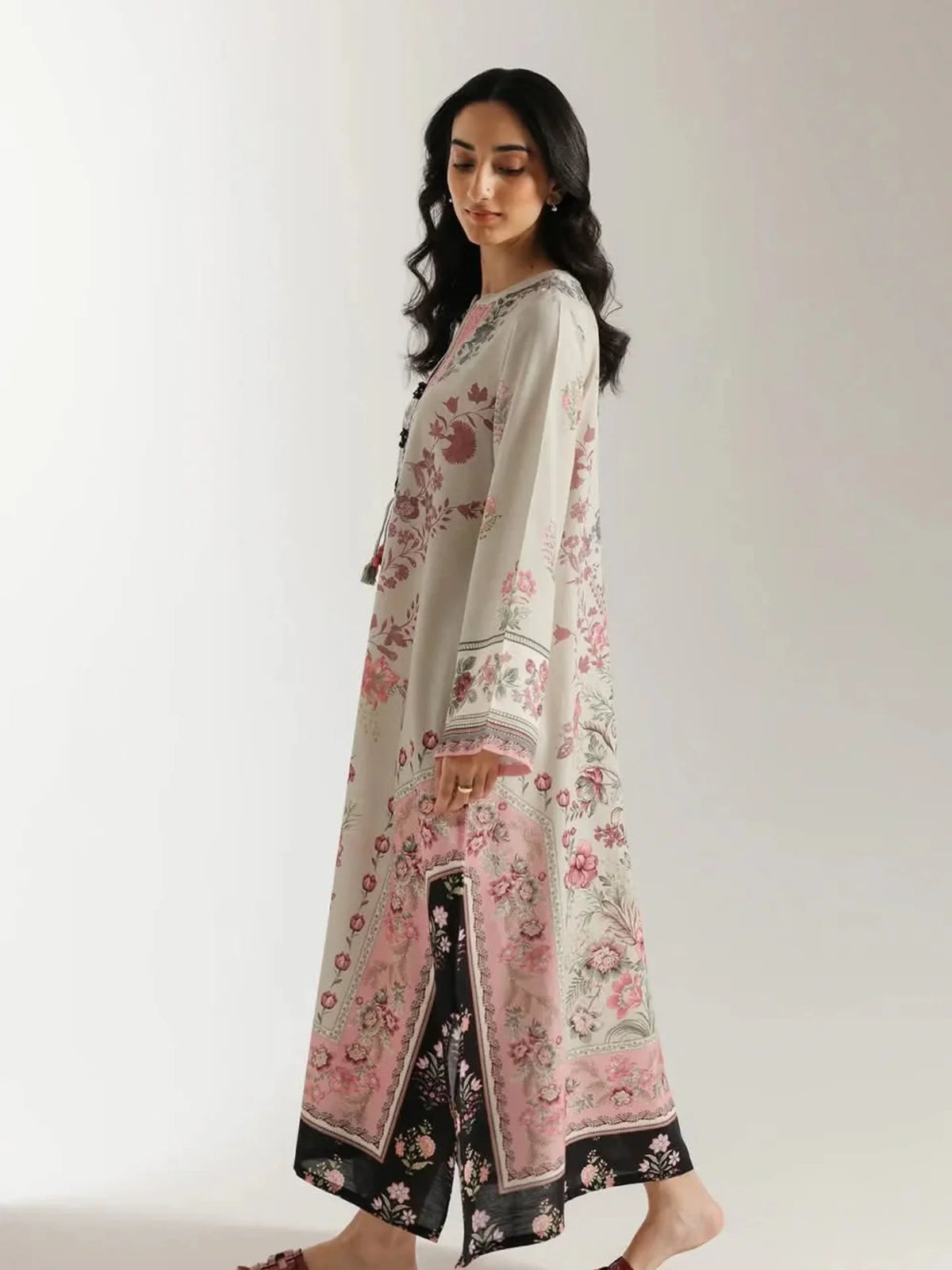 Ethnic Printed Grip Silk Kaftan 2Pcs Shirt Trouser Unsticthed 001978